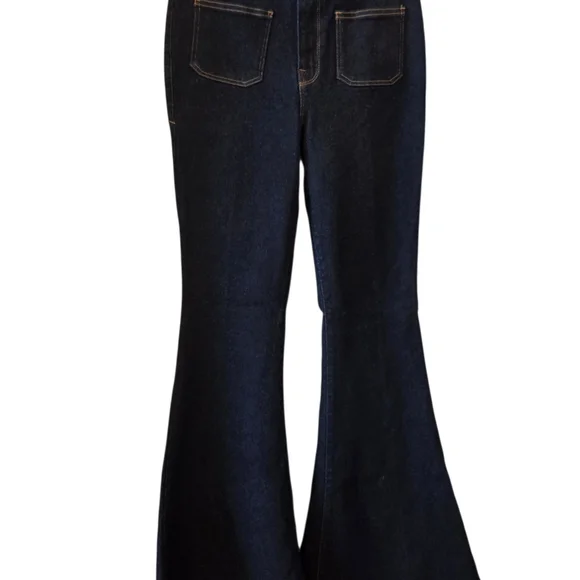 NWT Good American Dark Blue Flare Jeans with Gold stitching Size 8 - Picture 2 of 3